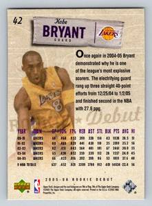 lot 182A image: Kobe Bryant 2005-06 Upper Deck Rookie Debut #42 Basketball Card