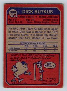 lot 189A image: Dick Butkus 1973 Topps #300 Vintage Chicago Bears Football Card