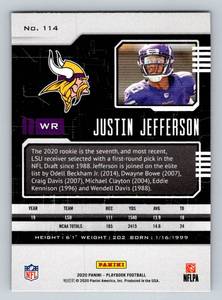 lot 193A image: Justin Jefferson RC 2020 Playbook #114 Rookie Minnesota Vikings Football Card