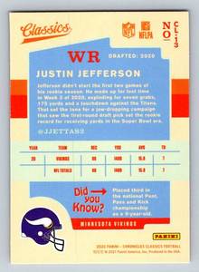 lot 196A image: Justin Jefferson RC 202 Chronicles Classics #CL-13 Rookie Minnesota Vikings Football Card