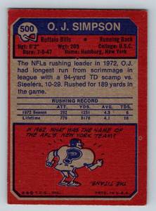 lot 225A image: OJ Simpson 1973 Topps #500 Vintage Football Card