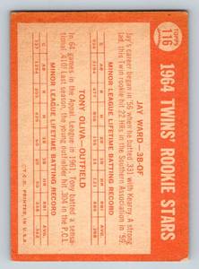 lot 23B image: Tony Oliva Twins Rookie Stars 2nd Year 1964 Topps #116 Vintage Minnesota Twins Baseball Card