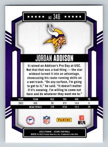 lot 229B image: Jordan Addison RC 2023 Score #346 Rookie Minnesota Vikings Football Card