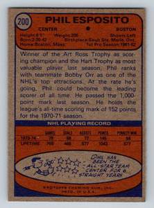 lot 240A image: Phil Esposito 1974-75 Topps #200 Vintage Hockey Card