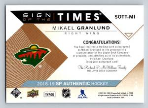 lot 241A image: Mikael Granlund Auto 2018-19 SP Authentic Sign of the Times #SOTT-MI Minnesota Wild Hockey Card