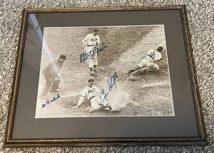lot 183 image: 1946 World Series Autographed and Framed Photo - Enos Slaughter, Marty Marion, and Al Barlick 19x17 with COA