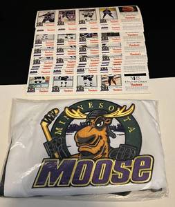 lot 210 image: Minnesota Moose Hockey Jersey - Size XL, New in Package - Plus 1994 and 1995 Hardees Minnesota Moose Hockey Cards