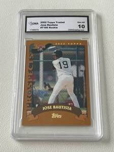 lot 96A image: Jose Bautista RC Graded 10 Gem Mint 2002 Topps Traded #T180 Rookie Baseball Card