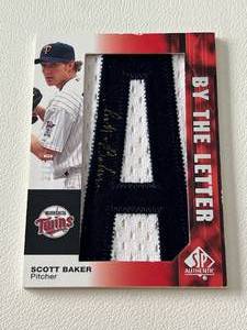 lot 143A image: Scott Baker Relic Auto 50 2008 SP Authentic By The Letter Autograph Card #BL-SB, numbered 3350, Rare Minnesota Twins Baseball