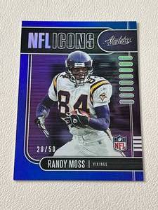 lot 202A image: Randy Moss 50 Blue Foil - 2019 Absolute NFL Icons, numbered 2050, Rare Minnesota Vikings Football Card