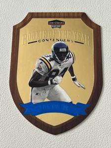 lot 205A image: Randy Moss RC Die Cut - 1998 Playoff Contenders Rookie of the Year Insert #7 Minnesota Vikings Football Card
