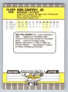 lot 311 image: Ken Griffey JR RC 1989 Fleer #548 Rookie Baseball Card
