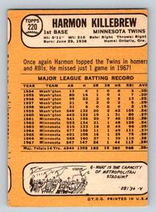 lot 312 image: Harmon Killebrew 1968 Topps #220 Vintage Baseball Card Minnesota Twins