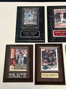 lot 255 image: Sports Card Plaques (5) - Kevin Garnett, Justin Morneau Mark McGwire, Barry Bonds - Baseball, Basketball Minnesota Twins Timberwolves