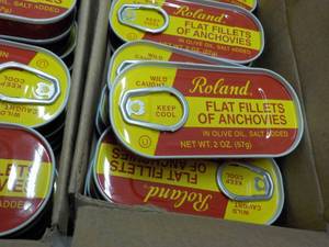 lot 208 image: Case of 100 x 2 oz Roland Flat Fillets of Anchovies Best By 08162023