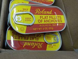 lot 209 image: Case of 100 x 2 oz Roland Flat Fillets of Anchovies Best By 08162023