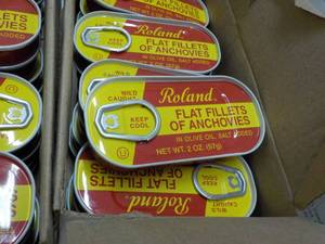lot 211 image: Case of 100 x 2 oz Roland Flat Fillets of Anchovies Best By 08162023
