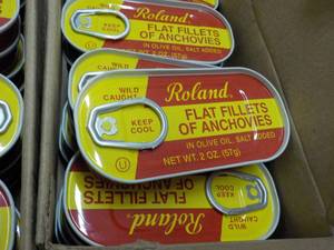 lot 212 image: Case of 100 x 2 oz Roland Flat Fillets of Anchovies Best By 08162023