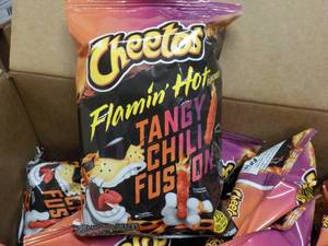 lot 219 image: Case of Cheetos Flamin Hot Tangy Chili Fusion Snacks 2.6 oz bags past best date