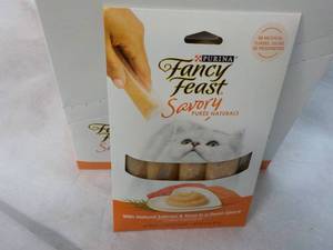 lot 97 image: 30 ct Purina Fancy Feast Savory Cat Treats Natural Salmon and Tuna in a Demi Glaze best date 082023 Retail $90 total