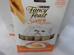 lot 99 image: 30 ct Purina Fancy Feast Savory Cat Treats Natural Salmon and Tuna in a Demi Glaze best date 082023 Retail $90 total
