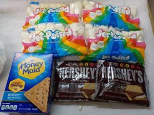 lot 169 image: 2 x 6 packs Hersheys Full Size Bars, 1 Box Honey Maid Graham Crackers and 4 Bags Jet Puffed marshmallows
