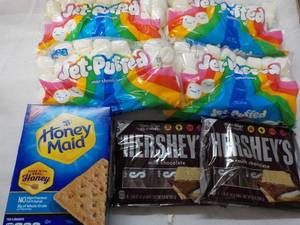 lot 170 image: 2 x 6 packs Hersheys Full Size Bars, 1 Box Honey Maid Graham Crackers and 4 Bags Jet Puffed marshmallows