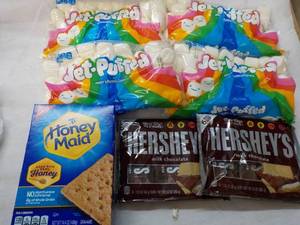 lot 171 image: 2 x 6 packs Hersheys Full Size Bars, 1 Box Honey Maid Graham Crackers and 4 Bags Jet Puffed marshmallows
