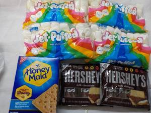 lot 172 image: 2 x 6 packs Hersheys Full Size Bars, 1 Box Honey Maid Graham Crackers and 4 Bags Jet Puffed marshmallows
