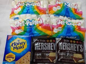 lot 173 image: 2 x 6 packs Hersheys Full Size Bars, 1 Box Honey Maid Graham Crackers and 4 Bags Jet Puffed marshmallows