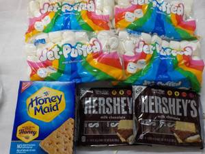 lot 174 image: 2 x 6 packs Hersheys Full Size Bars, 1 Box Honey Maid Graham Crackers and 4 Bags Jet Puffed marshmallows
