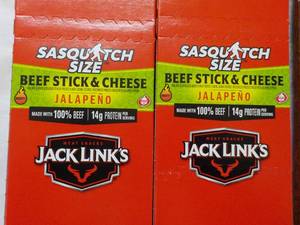 lot 308 image: 2 Jacks Links Sasquatch Size Beef Stick and Cheese Jalapeno- 12 per pkg