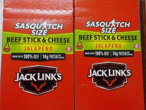 lot 310 image: 2 Jacks Links Sasquatch Size Beef Stick and Cheese Jalapeno- 12 per pkg