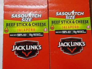lot 311 image: 2 Jacks Links Sasquatch Size Beef Stick and Cheese Jalapeno- 12 per pkg