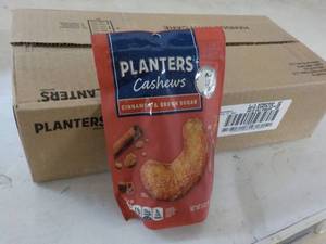 lot 474 image: 12 x 5 oz Bags Planters Cashews Cinnamon and Brown Sugar best date 092023