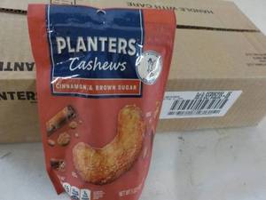 lot 475 image: 12 x 5 oz Bags Planters Cashews Cinnamon and Brown Sugar best date 092023