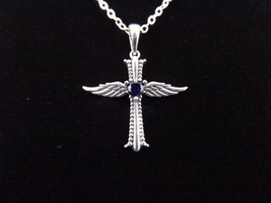 lot 2 image: NEW .925 Sterling Silver Sapphire Heart Crystal Winged Cross Pendant Necklace