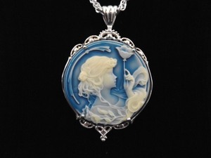 lot 5 image: .925 Sterling Silver Large Cameo Pendant LONG Necklace