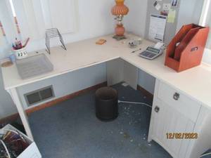 Whitewash L-shaped corner desk with 1-door and 1-drawer, plus all of the office supplies and decor shown in pics, including the vintage hurricane oil style lamp.