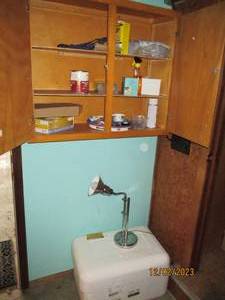 Large Styrofoam cooler, desktop gooseneck lamp and misc household supplies in cupboards