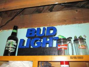 Budweiser Lidded tankards, Irish themed Amber Budweiser Bottle and Bud Light neon style bar light