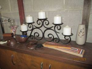 Large scrolling metal 5-tier candelabra, coconut and steel style bikini tops and misc decor