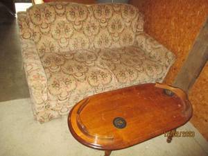 Vintage velour style floral love seat and unique Vintage Wood coffee table