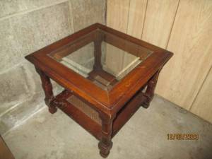 Vintage Wood end table with Wicker Rattan base tier and glass inlay top. measures approximately 181815