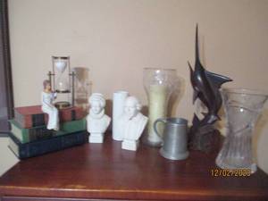 Shuler Pewter Tankard mug, Wood swordfish statue and other decor