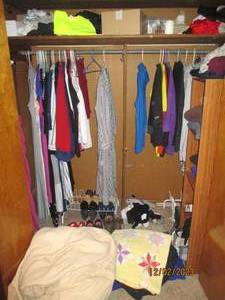 Content of Master Bedroom closet to include a large assortment of clothing (Mostly size large), womens size 7.5 &amp 8 footwear, hangers, organizer aids, accessories, sewing notions and more