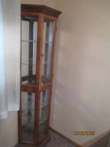 Tall and thin wood framed glass curio cabinet. measures approximately 241172
