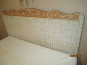 Off white fullqueen Wicker Rattan Headboard and metal mattress frame with buyers option for taking the boxspring and seemingly newer 12 deep queen size memory foam Mattress