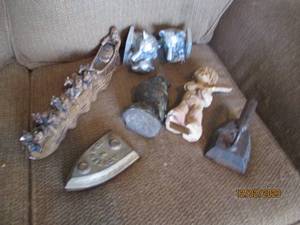 Alaska Souvenir Dog Sled statue from the Alaska Fur Exchange, heavy brass tone owl statue, vintage sad irons and other decor