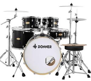 lot 2 image: DONNER Drum Set Adult with Practice Mute Pad,5-Piece 22 inch Full Size Acoustic Drum Kit, Black- DDS-520